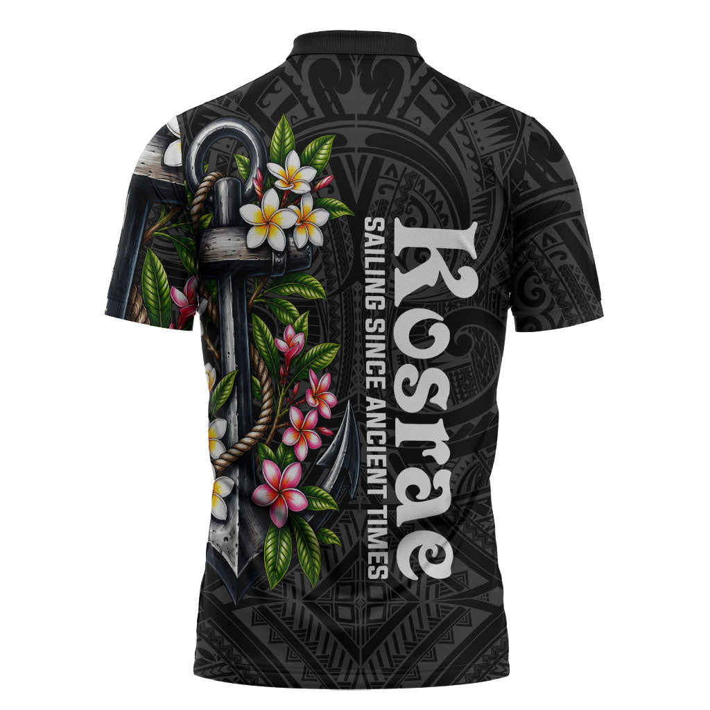 Kosrae Nautical Heritage Zipper Polo Shirt Polynesian Tribal Anchor With Plumeria Tropical Art