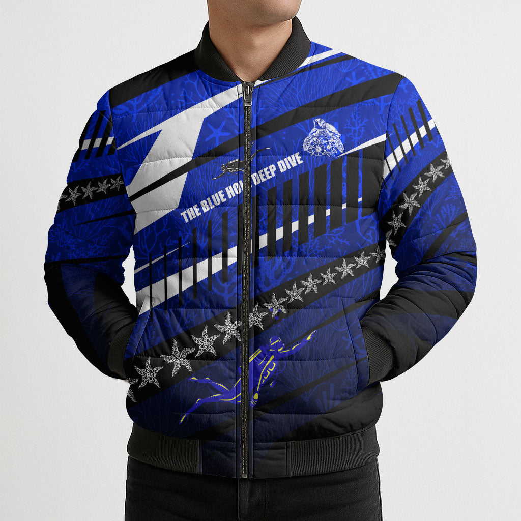 Kosrae Deep Sea Scuba Diving Bomber Puffer Jacket Blue Hole Beneath The Surface Coral Reef Graphic Art