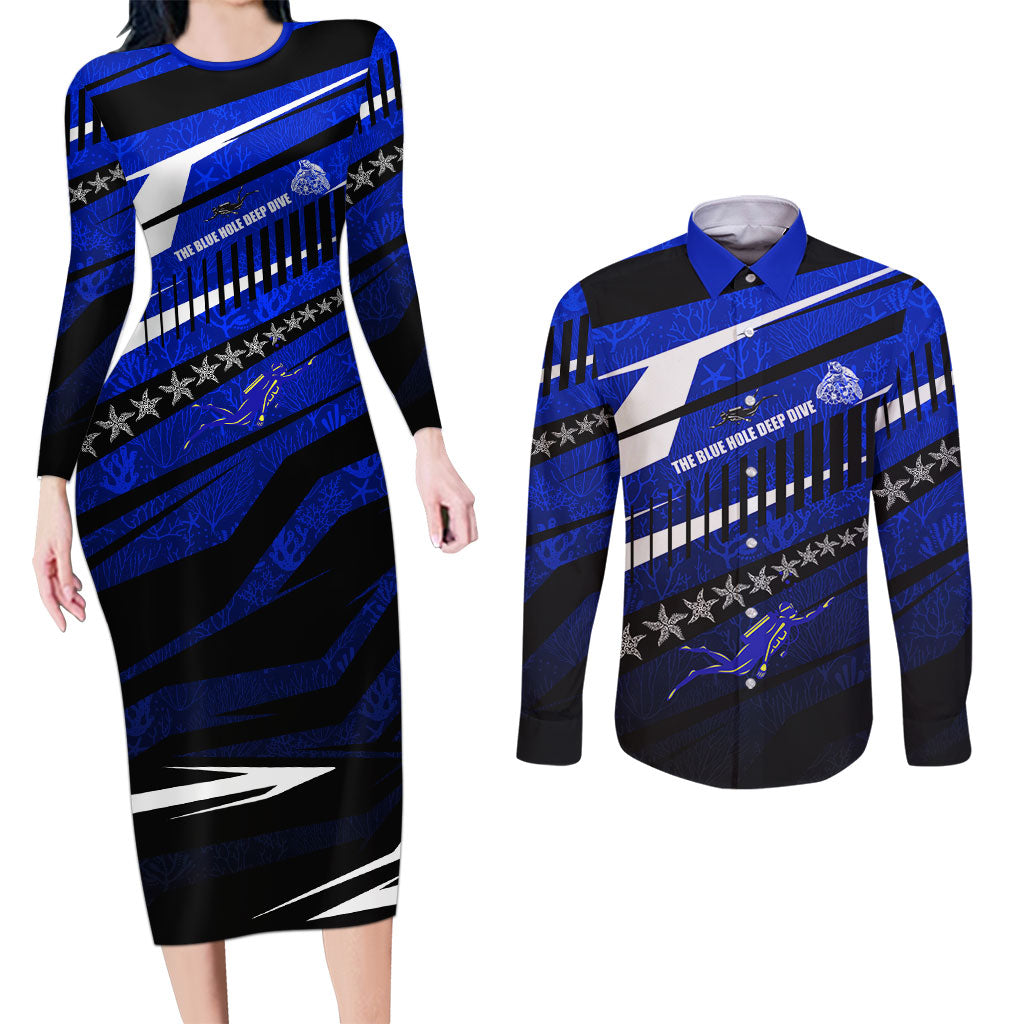 Kosrae Deep Sea Scuba Diving Couples Matching Long Sleeve Bodycon Dress and Long Sleeve Button Shirt Blue Hole Beneath The Surface Coral Reef Graphic Art