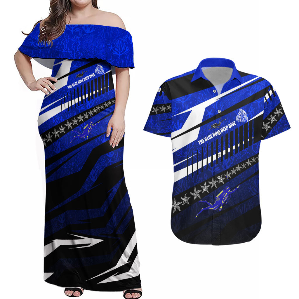 Kosrae Deep Sea Scuba Diving Couples Matching Off Shoulder Maxi Dress and Hawaiian Shirt Blue Hole Beneath The Surface Coral Reef Graphic Art TS04 Blue Black - Polynesian Pride