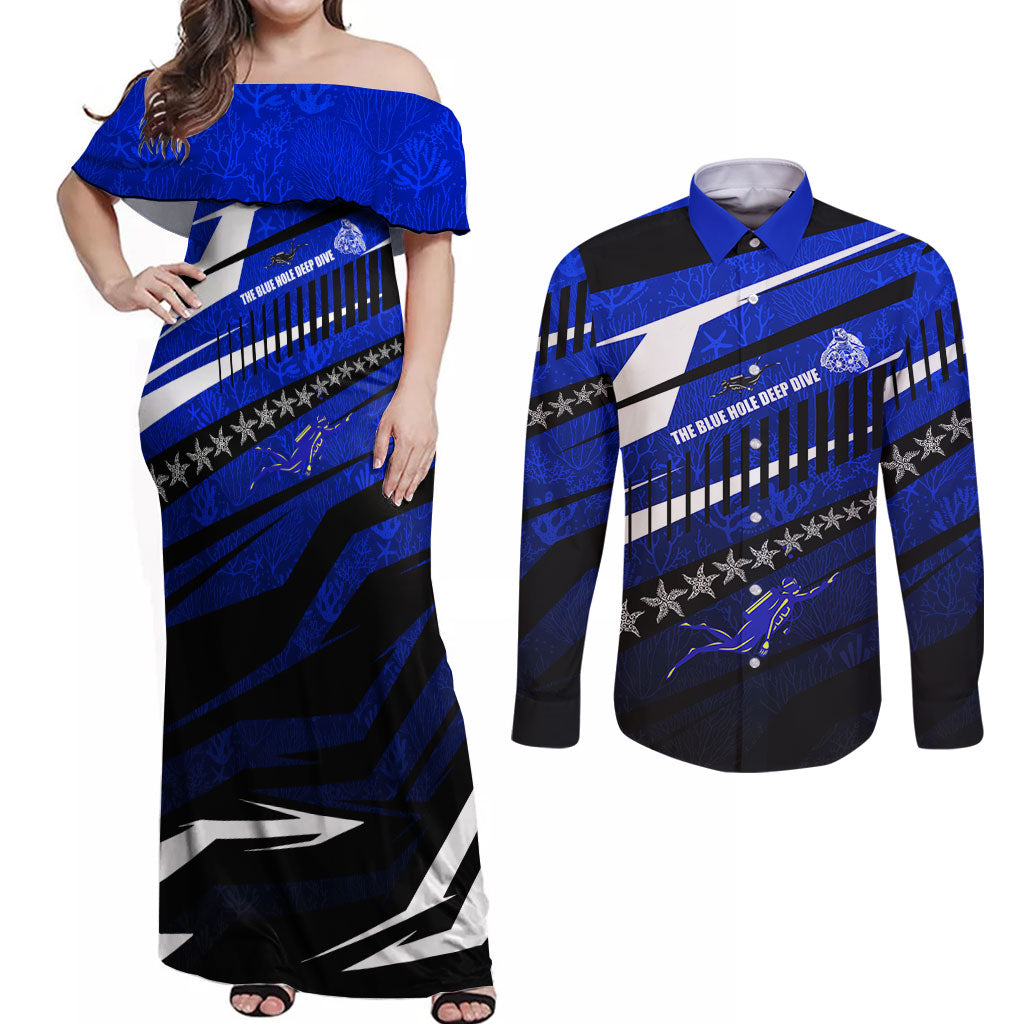 Kosrae Deep Sea Scuba Diving Couples Matching Off Shoulder Maxi Dress and Long Sleeve Button Shirt Blue Hole Beneath The Surface Coral Reef Graphic Art