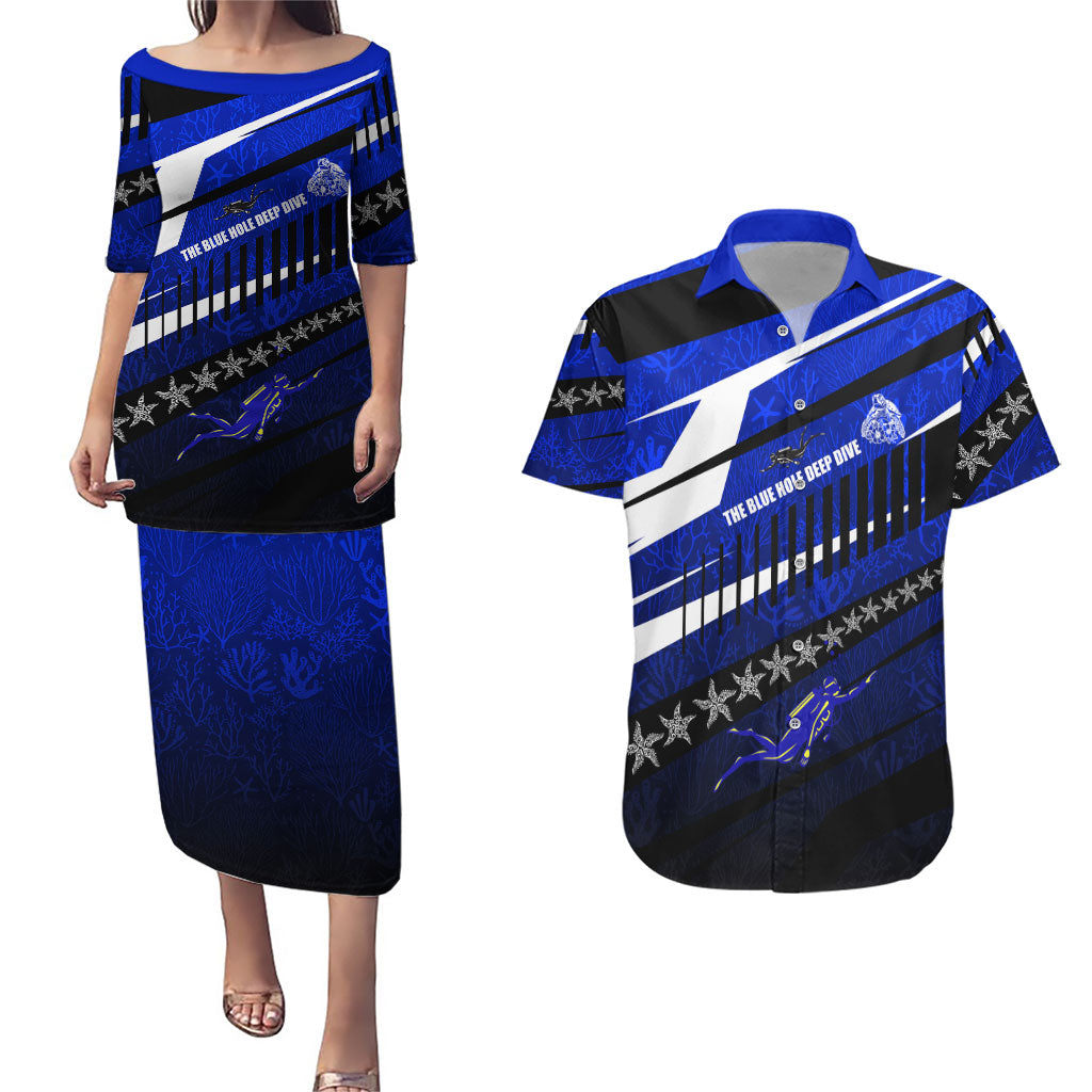 Kosrae Deep Sea Scuba Diving Couples Matching Puletasi and Hawaiian Shirt Blue Hole Beneath The Surface Coral Reef Graphic Art