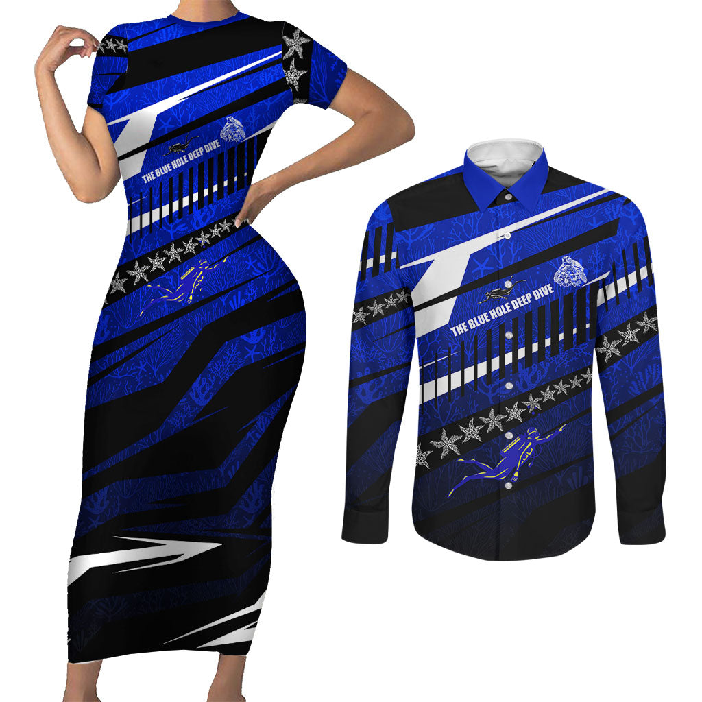 Kosrae Deep Sea Scuba Diving Couples Matching Short Sleeve Bodycon Dress and Long Sleeve Button Shirt Blue Hole Beneath The Surface Coral Reef Graphic Art TS04 Blue Black - Polynesian Pride