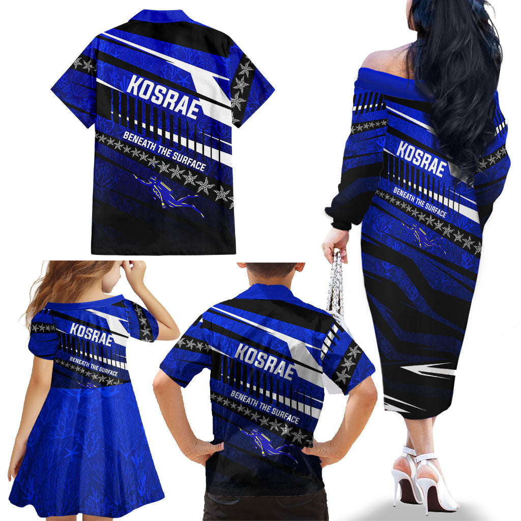 Kosrae Deep Sea Scuba Diving Family Matching Off The Shoulder Long Sleeve Dress and Hawaiian Shirt Blue Hole Beneath The Surface Coral Reef Graphic Art