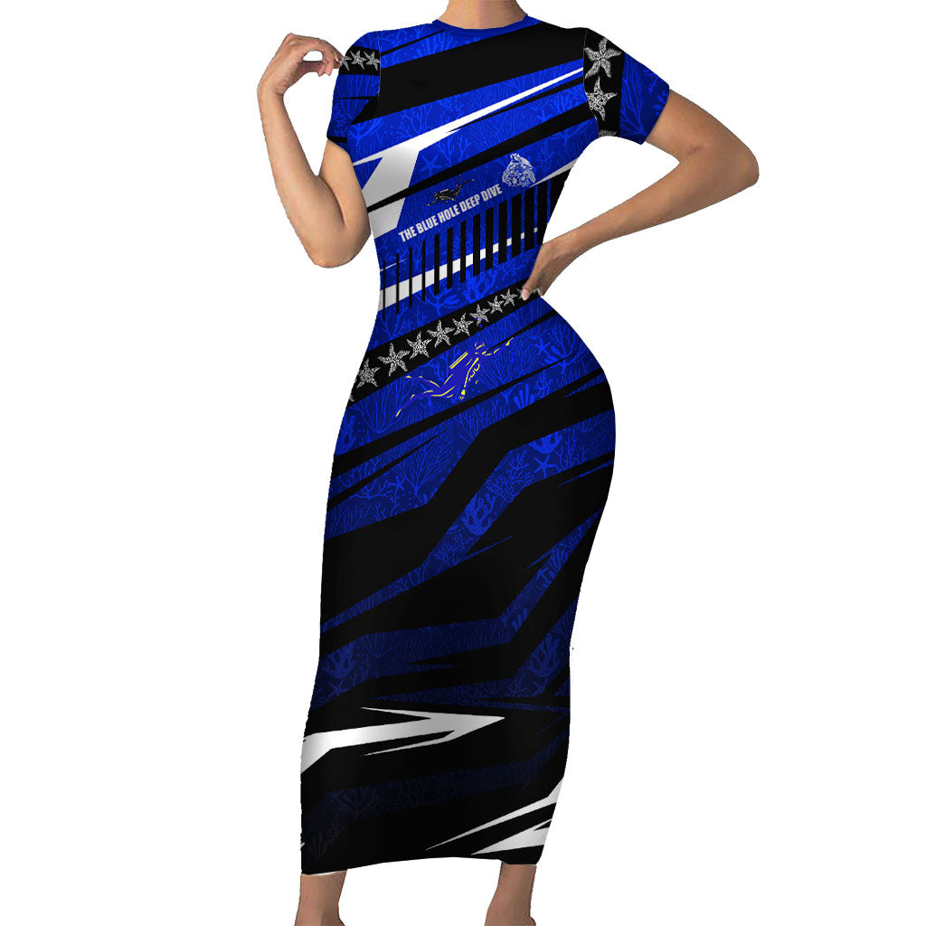 Kosrae Deep Sea Scuba Diving Family Matching Short Sleeve Bodycon Dress and Hawaiian Shirt Blue Hole Beneath The Surface Coral Reef Graphic Art TS04 Mom's Dress Blue Black - Polynesian Pride