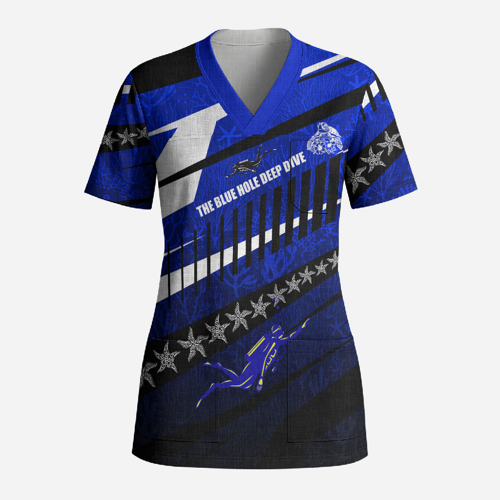 Kosrae Deep Sea Scuba Diving Scrub Top Blue Hole Beneath The Surface Coral Reef Graphic Art