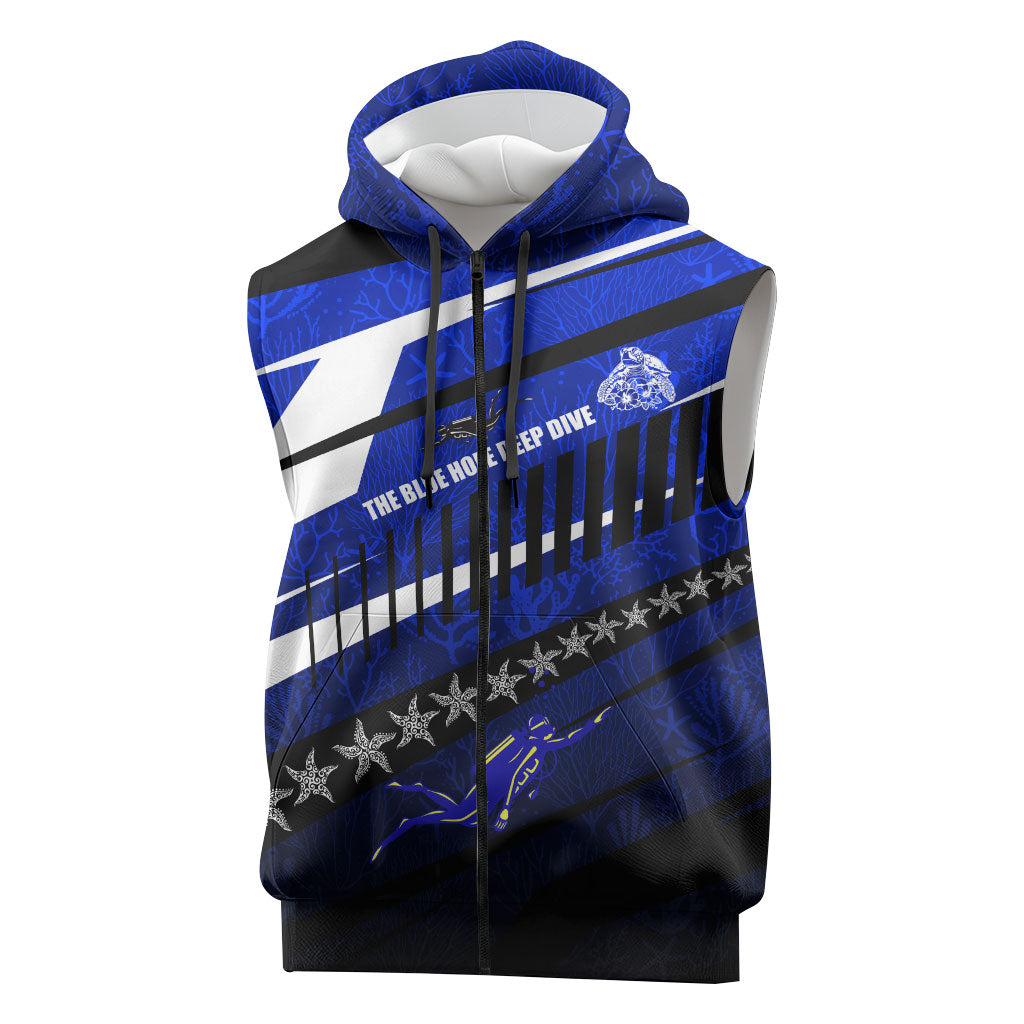 Kosrae Deep Sea Scuba Diving Sleeveless Zip Hoodie Blue Hole Beneath The Surface Coral Reef Graphic Art TS04 Blue Black - Polynesian Pride
