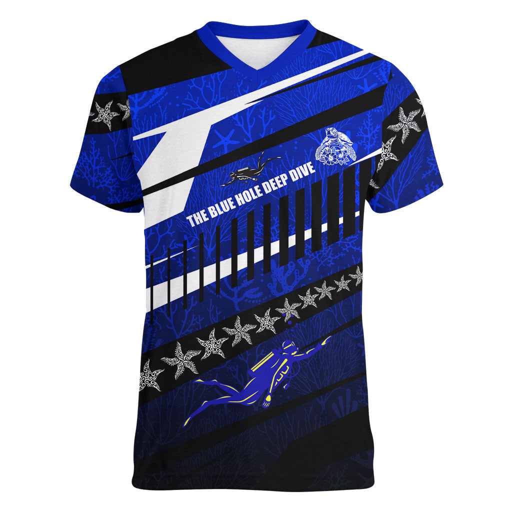 Kosrae Deep Sea Scuba Diving Women V-Neck T-Shirt Blue Hole Beneath The Surface Coral Reef Graphic Art TS04 Female Blue Black - Polynesian Pride