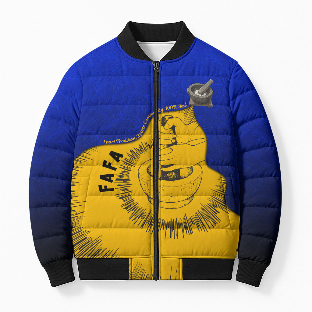 Kosrae Fafa Culinary Heritage Bomber Puffer Jacket Kosraean Gold Taro Tradition Illustration With Coconut Leaves TS04 Unisex Blue Yellow - Polynesian Pride