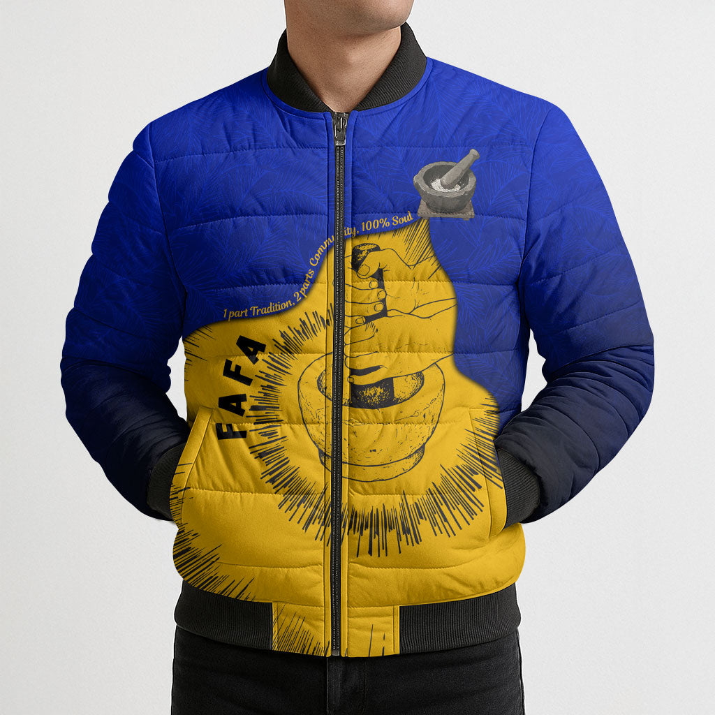 Kosrae Fafa Culinary Heritage Bomber Puffer Jacket Kosraean Gold Taro Tradition Illustration With Coconut Leaves