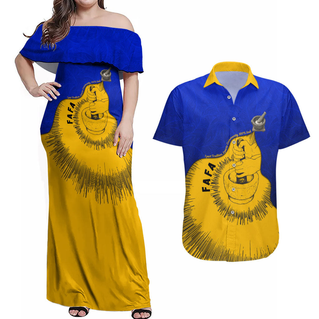 Kosrae Fafa Culinary Heritage Couples Matching Off Shoulder Maxi Dress and Hawaiian Shirt Kosraean Gold Taro Tradition Illustration With Coconut Leaves TS04 Blue Yellow - Polynesian Pride