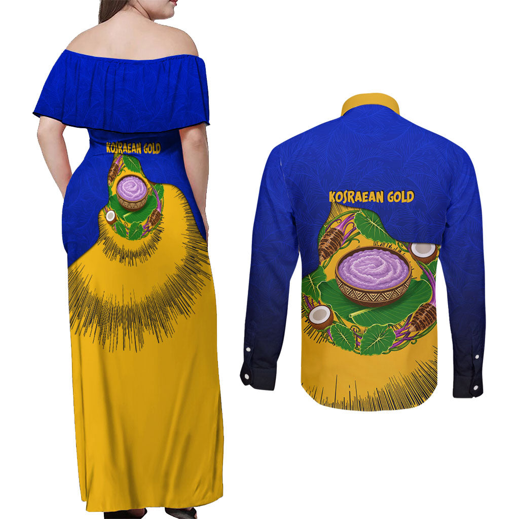 Kosrae Fafa Culinary Heritage Couples Matching Off Shoulder Maxi Dress and Long Sleeve Button Shirt Kosraean Gold Taro Tradition Illustration With Coconut Leaves