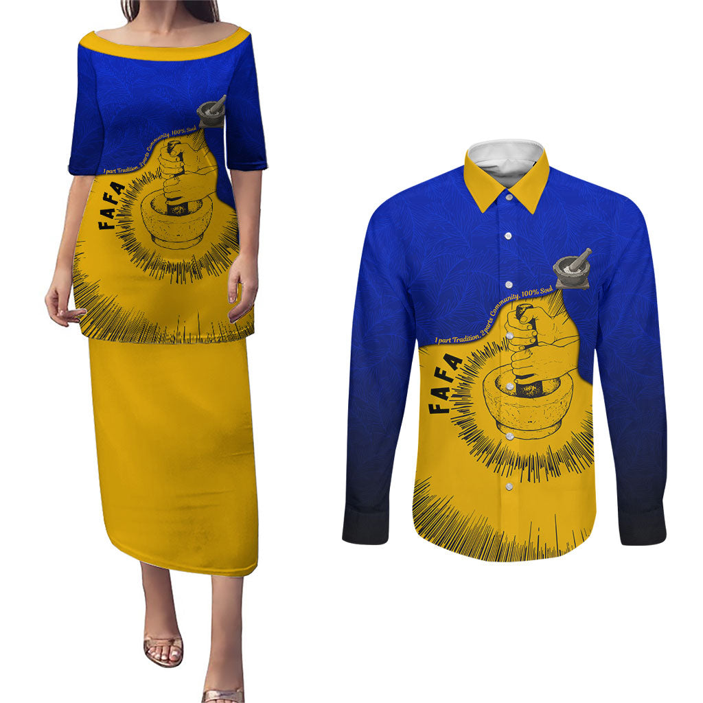 Kosrae Fafa Culinary Heritage Couples Matching Puletasi and Long Sleeve Button Shirt Kosraean Gold Taro Tradition Illustration With Coconut Leaves TS04 Blue Yellow - Polynesian Pride