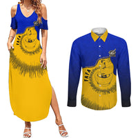 Kosrae Fafa Culinary Heritage Couples Matching Summer Maxi Dress and Long Sleeve Button Shirt Kosraean Gold Taro Tradition Illustration With Coconut Leaves