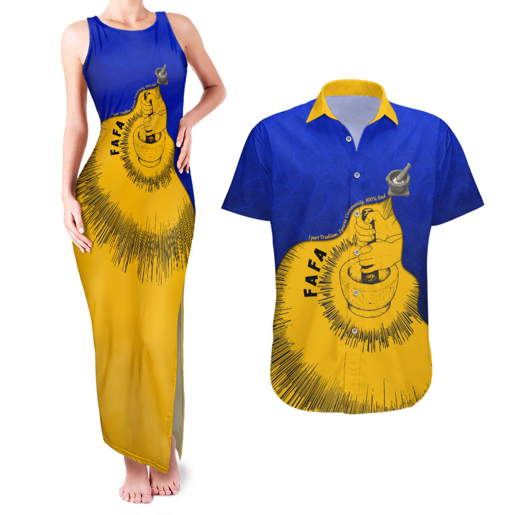 Kosrae Fafa Culinary Heritage Couples Matching Tank Maxi Dress and Hawaiian Shirt Kosraean Gold Taro Tradition Illustration With Coconut Leaves TS04 Blue Yellow - Polynesian Pride