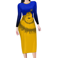 Kosrae Fafa Culinary Heritage Family Matching Long Sleeve Bodycon Dress and Hawaiian Shirt Kosraean Gold Taro Tradition Illustration With Coconut Leaves TS04 Mom's Dress Blue Yellow - Polynesian Pride