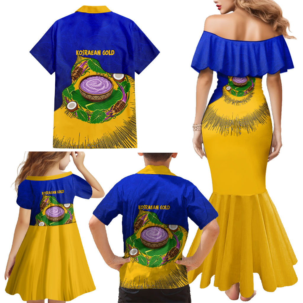 Kosrae Fafa Culinary Heritage Family Matching Mermaid Dress and Hawaiian Shirt Kosraean Gold Taro Tradition Illustration With Coconut Leaves