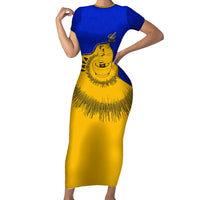 Kosrae Fafa Culinary Heritage Family Matching Short Sleeve Bodycon Dress and Hawaiian Shirt Kosraean Gold Taro Tradition Illustration With Coconut Leaves TS04 Mom's Dress Blue Yellow - Polynesian Pride