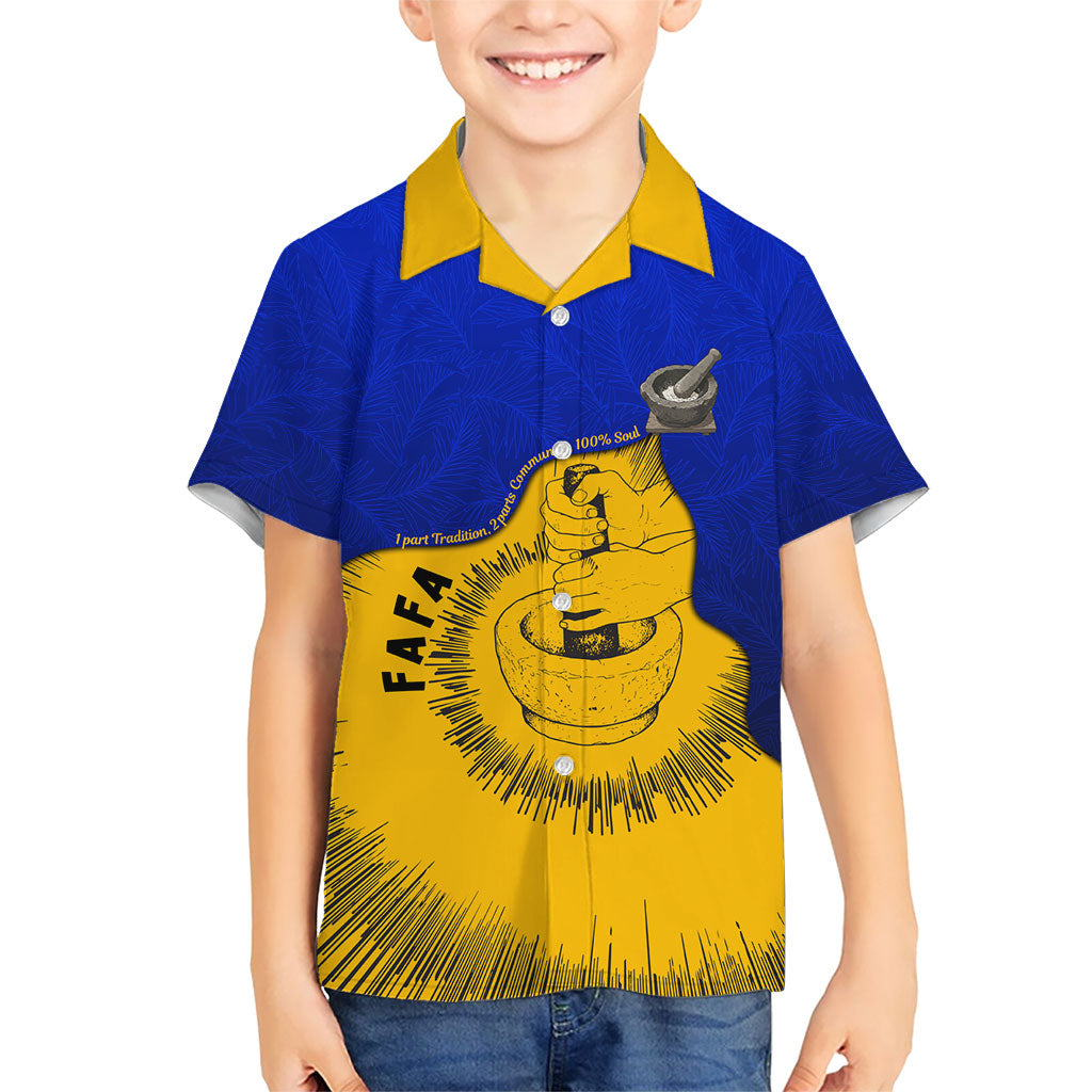 Kosrae Fafa Culinary Heritage Family Matching Short Sleeve Bodycon Dress and Hawaiian Shirt Kosraean Gold Taro Tradition Illustration With Coconut Leaves TS04 Son's Shirt Blue Yellow - Polynesian Pride