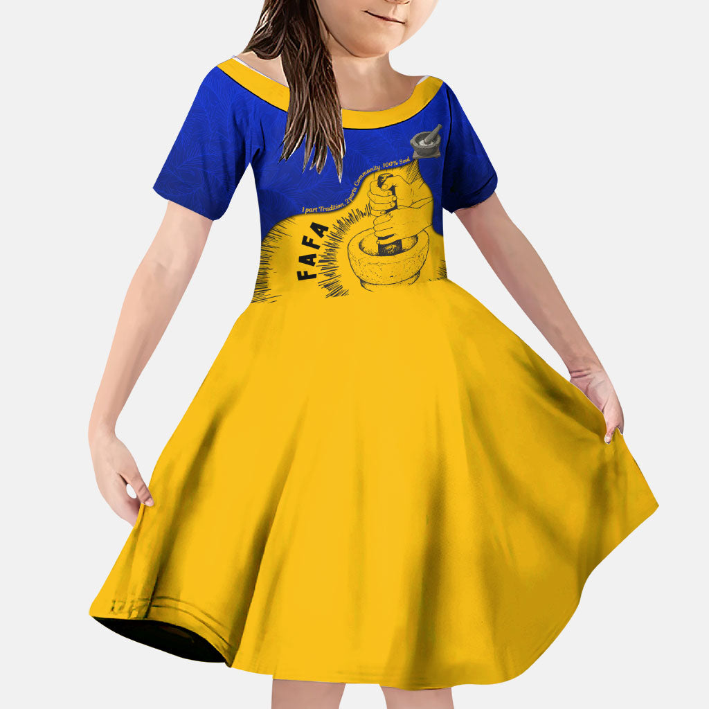 Kosrae Fafa Culinary Heritage Family Matching Summer Maxi Dress and Hawaiian Shirt Kosraean Gold Taro Tradition Illustration With Coconut Leaves TS04 Daughter's Dress Blue Yellow - Polynesian Pride