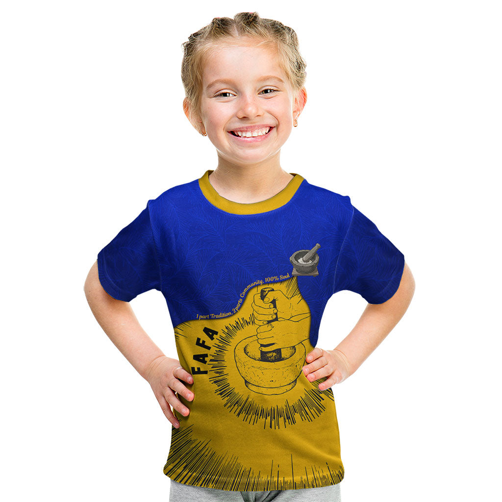 Kosrae Fafa Culinary Heritage Kid T Shirt Kosraean Gold Taro Tradition Illustration With Coconut Leaves TS04 Blue Yellow - Polynesian Pride
