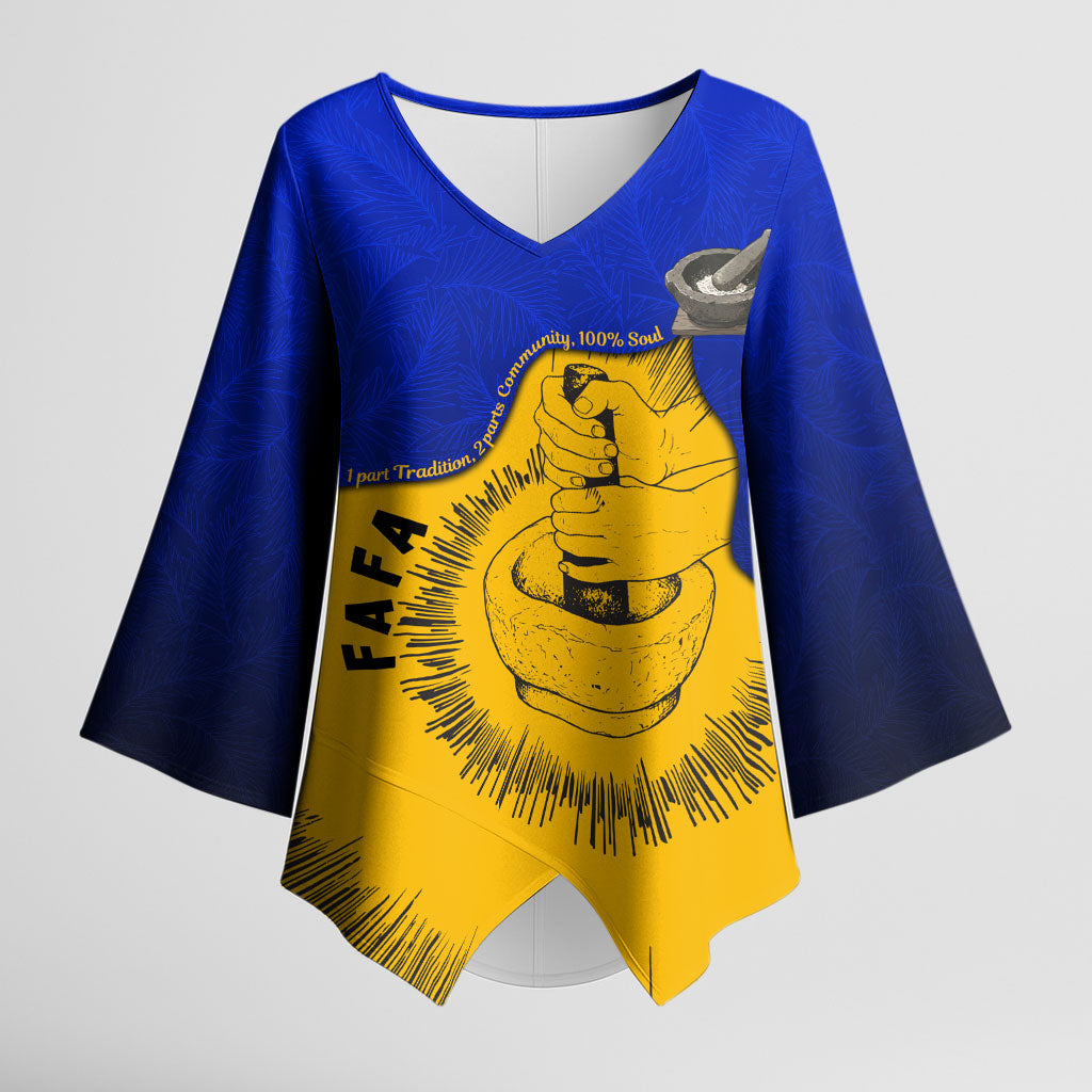 Kosrae Fafa Culinary Heritage Kimono Sleeve Blouse Kosraean Gold Taro Tradition Illustration With Coconut Leaves TS04 Female Blue Yellow - Polynesian Pride