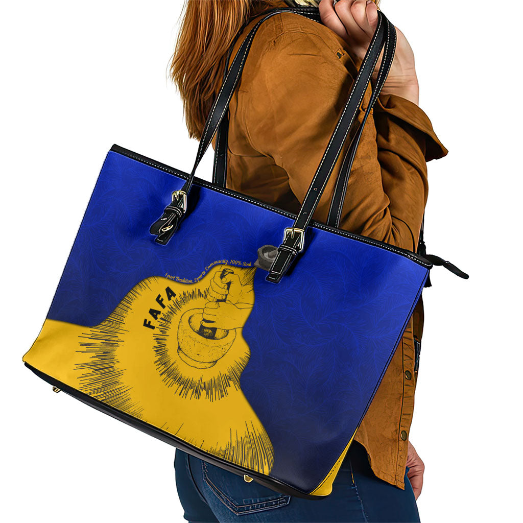 Kosrae Fafa Culinary Heritage Leather Tote Bag Kosraean Gold Taro Tradition Illustration With Coconut Leaves