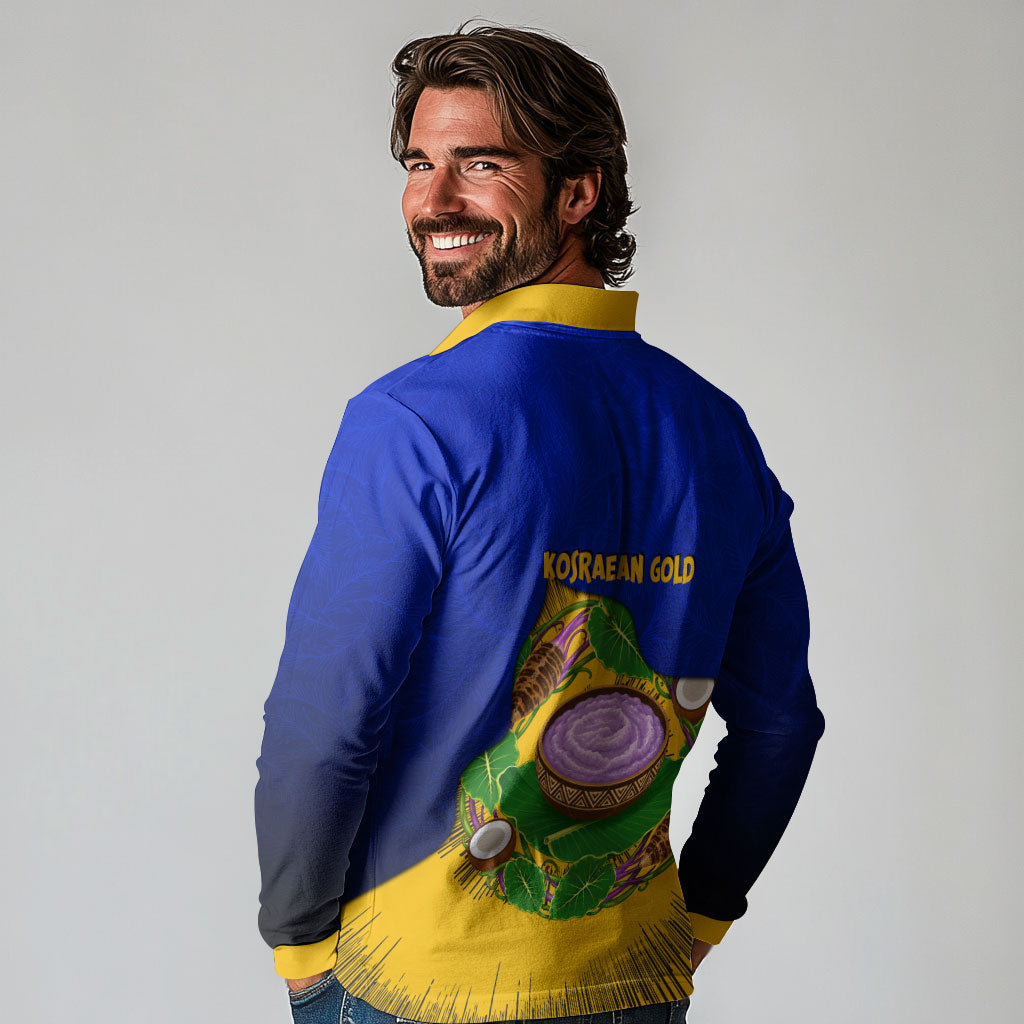 Kosrae Fafa Culinary Heritage Long Sleeve Polo Shirt Kosraean Gold Taro Tradition Illustration With Coconut Leaves