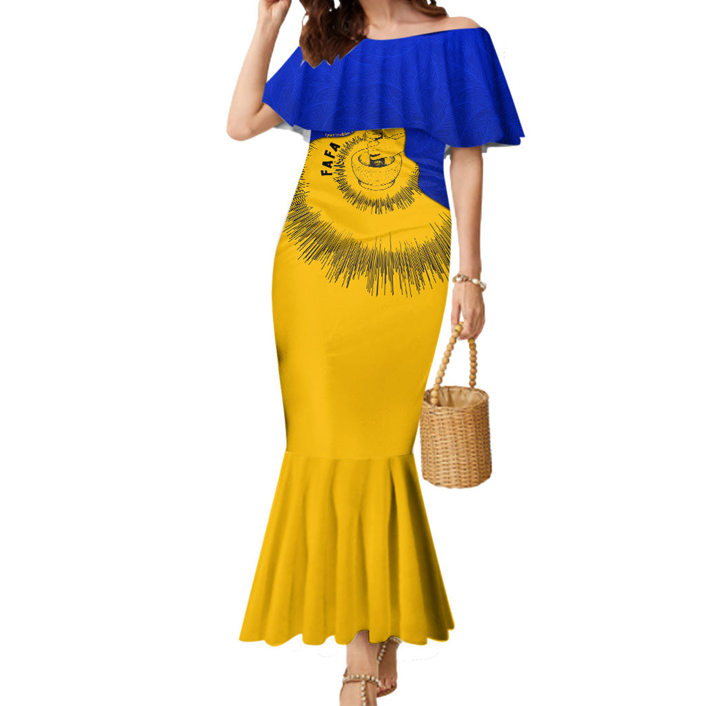 Kosrae Fafa Culinary Heritage Mermaid Dress Kosraean Gold Taro Tradition Illustration With Coconut Leaves TS04 Women Blue Yellow - Polynesian Pride