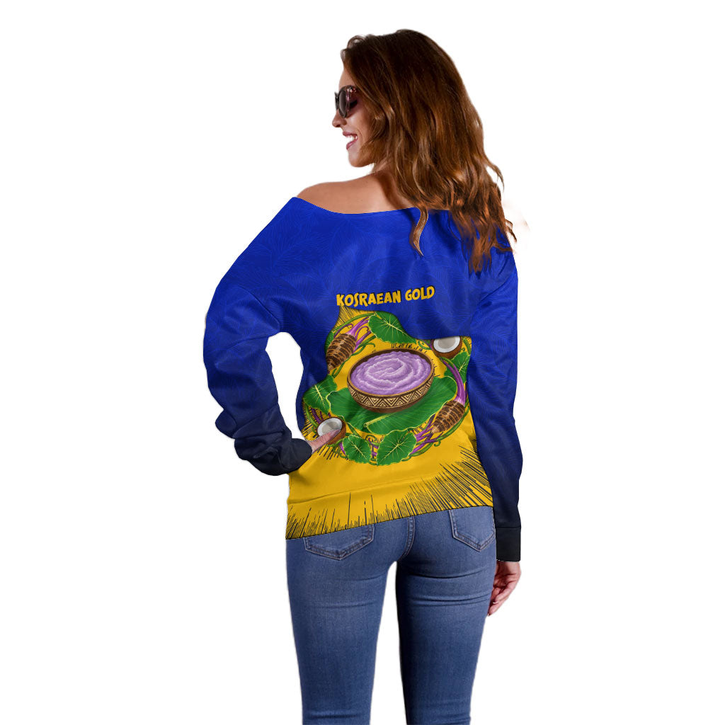 Kosrae Fafa Culinary Heritage Off Shoulder Sweater Kosraean Gold Taro Tradition Illustration With Coconut Leaves