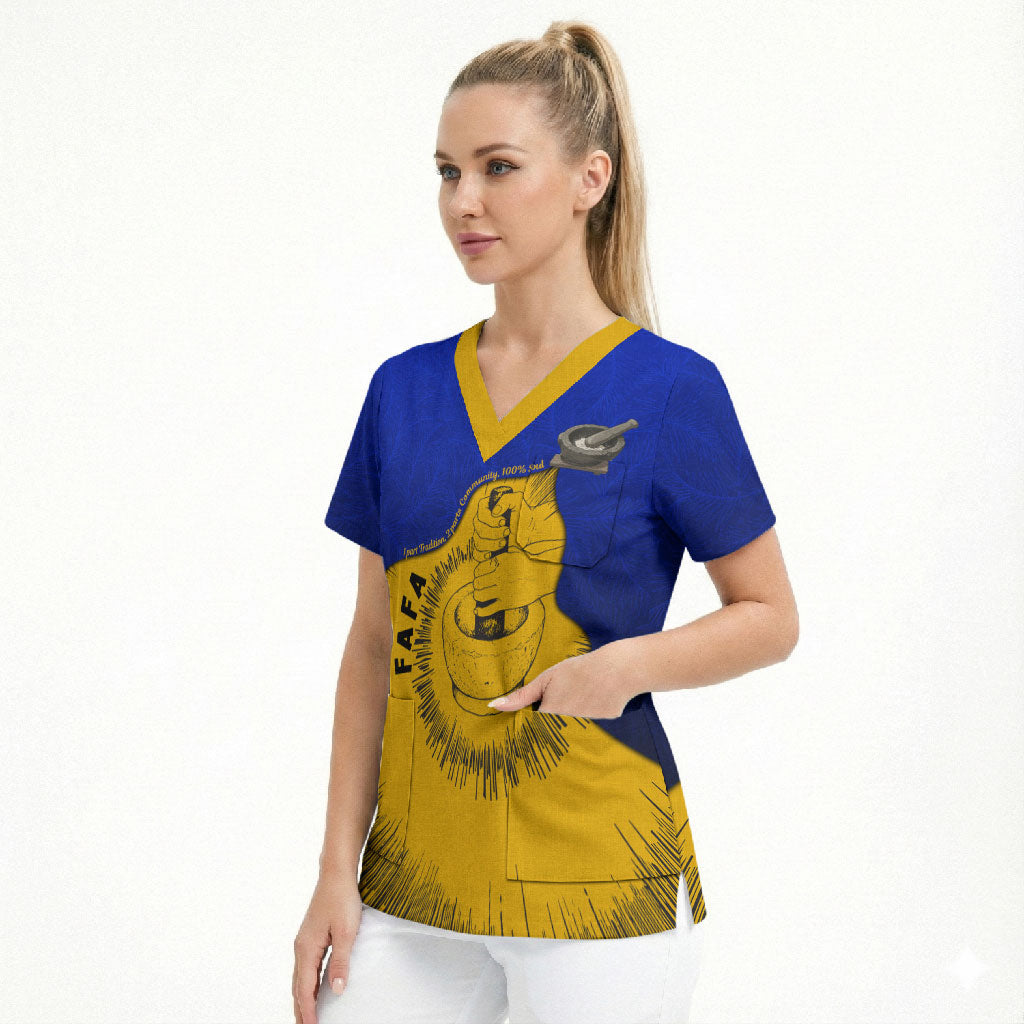 Kosrae Fafa Culinary Heritage Scrub Top Kosraean Gold Taro Tradition Illustration With Coconut Leaves