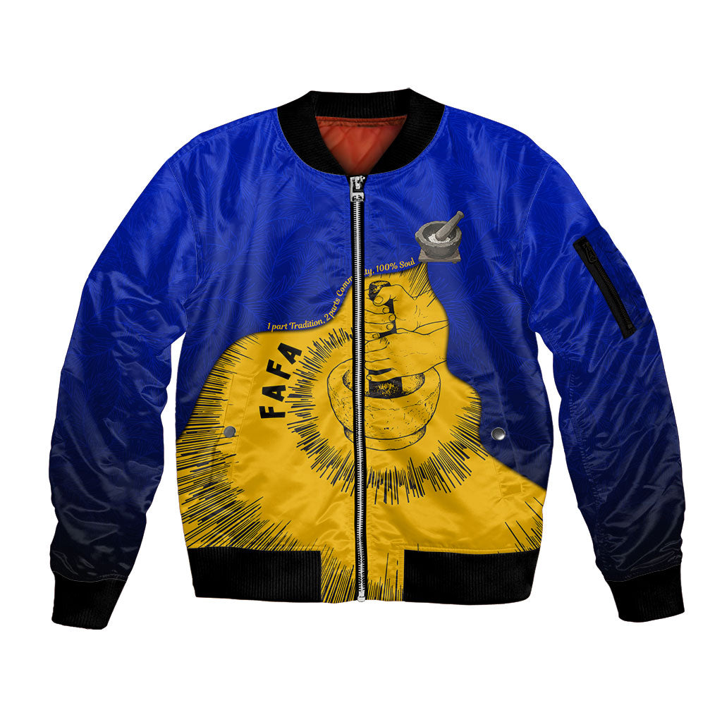 Kosrae Fafa Culinary Heritage Sleeve Zip Bomber Jacket Kosraean Gold Taro Tradition Illustration With Coconut Leaves