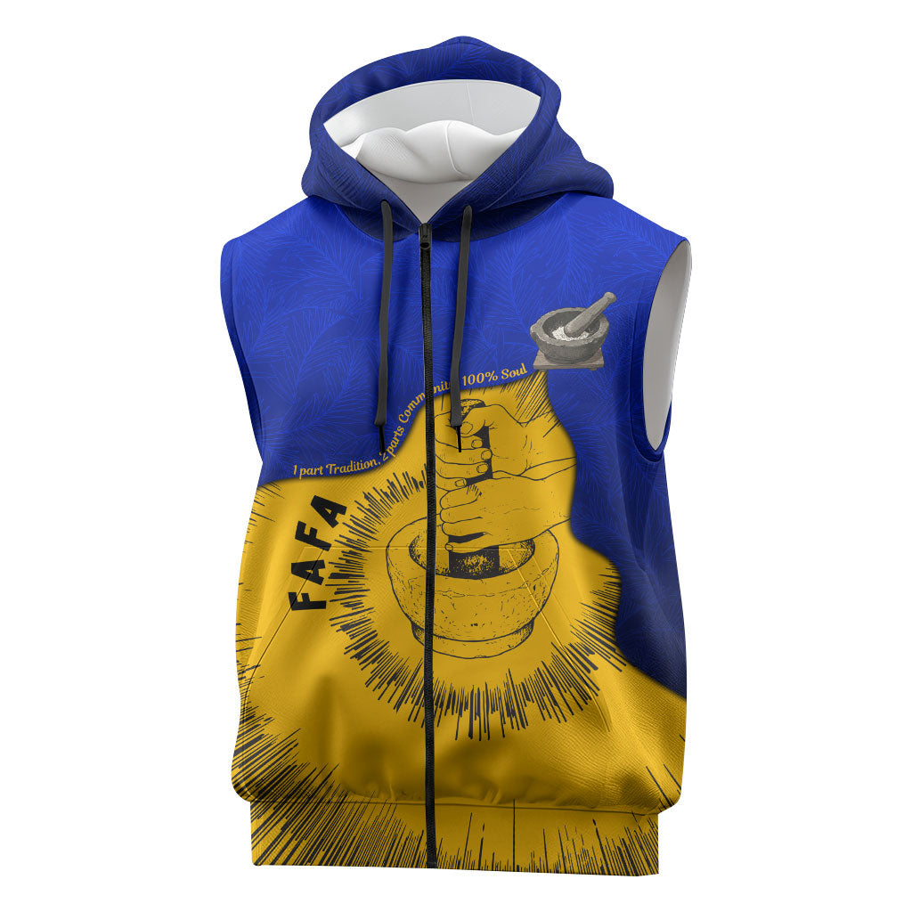 Kosrae Fafa Culinary Heritage Sleeveless Zip Hoodie Kosraean Gold Taro Tradition Illustration With Coconut Leaves TS04 Blue Yellow - Polynesian Pride