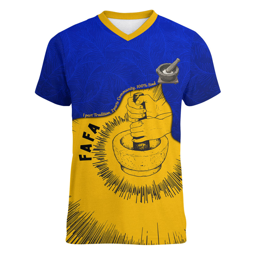 Kosrae Fafa Culinary Heritage Women V-Neck T-Shirt Kosraean Gold Taro Tradition Illustration With Coconut Leaves TS04 Female Blue Yellow - Polynesian Pride