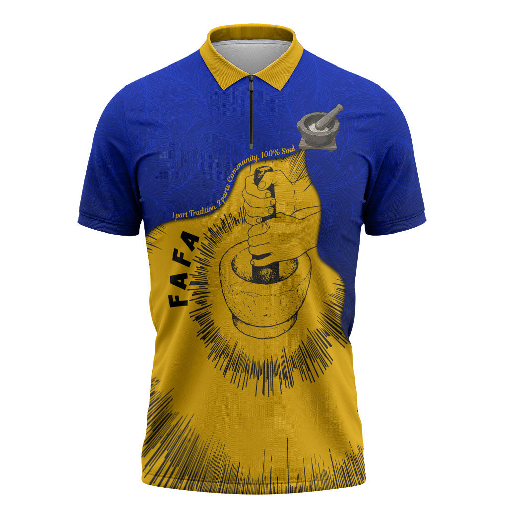 Kosrae Fafa Culinary Heritage Zipper Polo Shirt Kosraean Gold Taro Tradition Illustration With Coconut Leaves TS04 Blue Yellow - Polynesian Pride