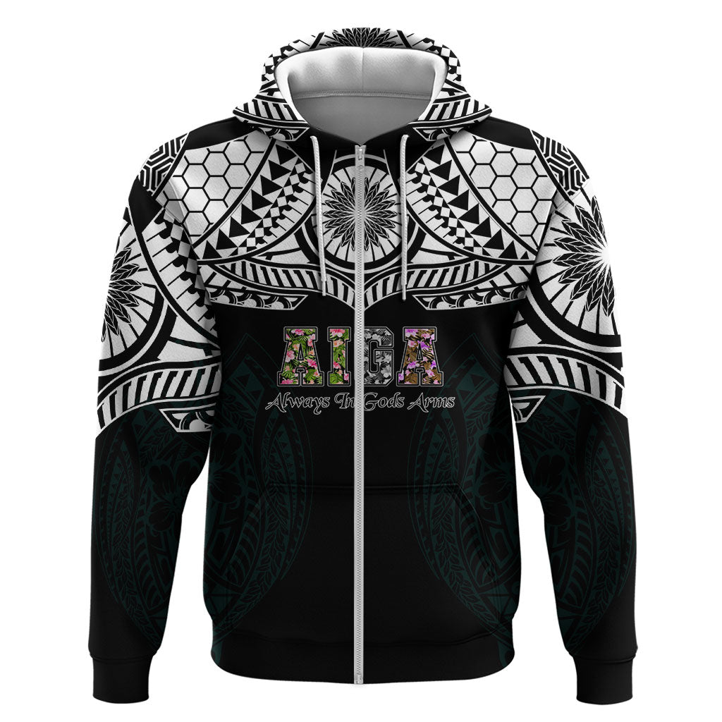 AIGA Always In Gods Arms Samoa Zip Hoodie Polynesian Tribal Tattoo Art Family Heritage Faith