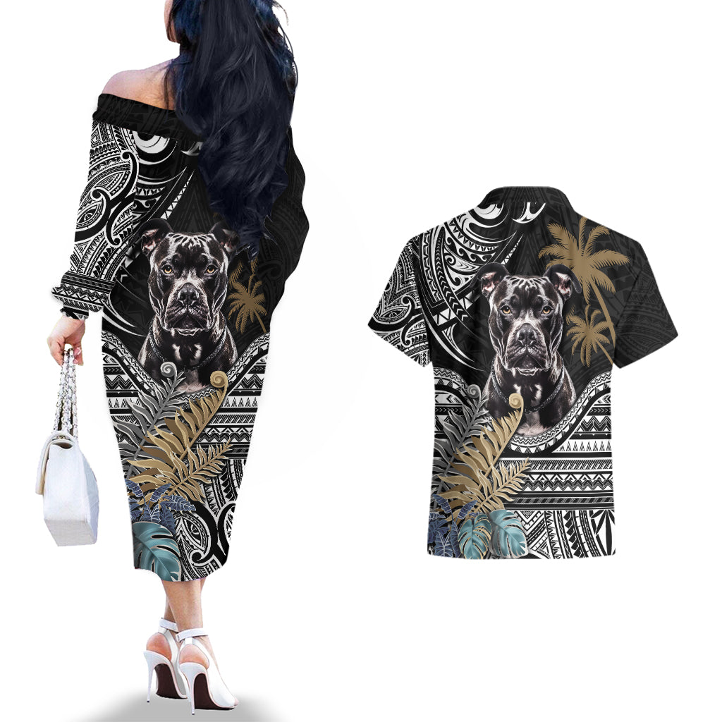 Polynesian Pitbull Couples Matching Off The Shoulder Long Sleeve Dress and Hawaiian Shirt Polynesian Pattern And Pitbull TS04 - Polynesian Pride