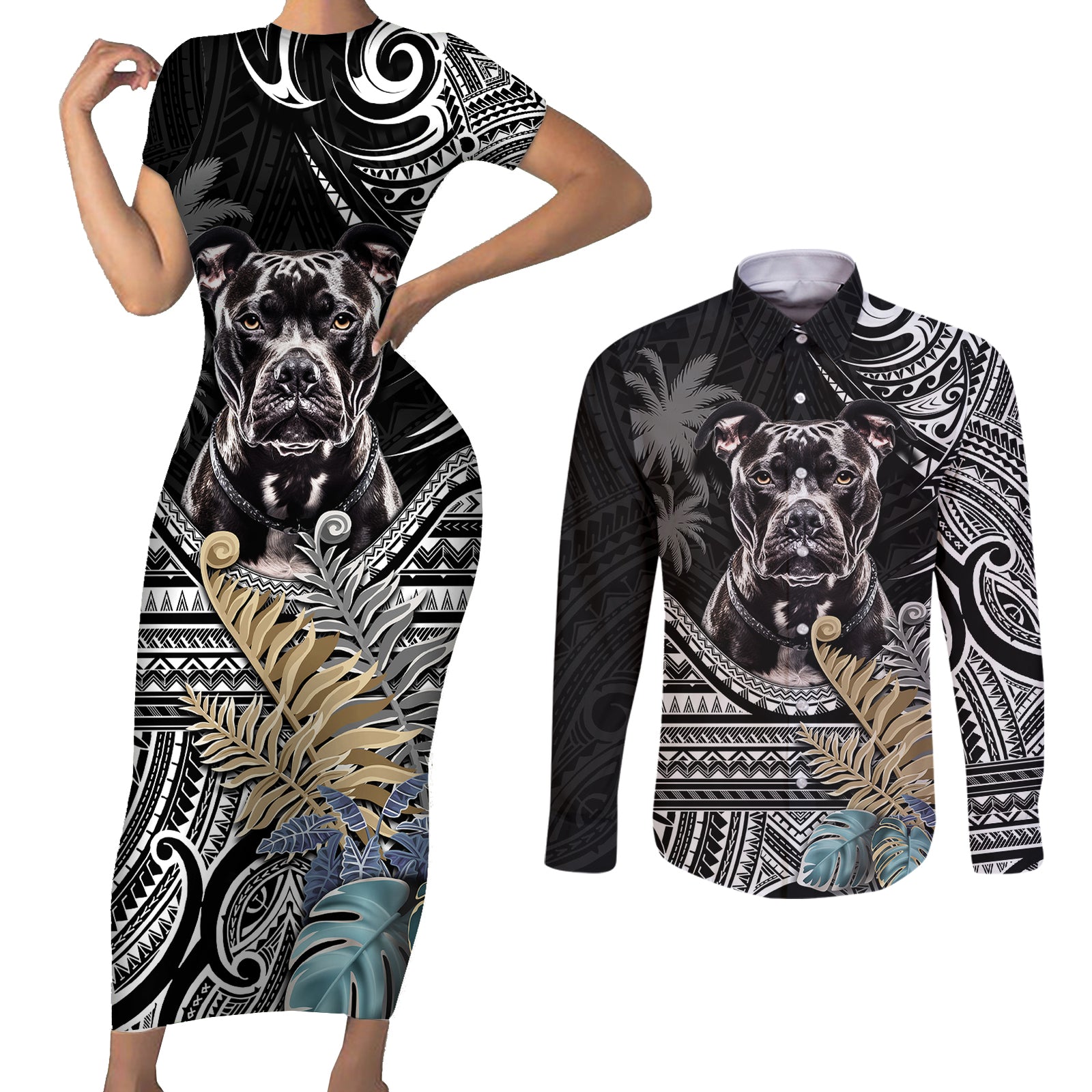 Polynesian Pitbull Couples Matching Short Sleeve Bodycon Dress and Long Sleeve Button Shirts Polynesian Pattern And Pitbull TS04 Black - Polynesian Pride