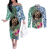 Polynesian Yorkshire Terrier Couples Matching Off The Shoulder Long Sleeve Dress and Long Sleeve Button Shirts Polynesian Pattern And Yorkshire Terrier TS04 Multicolor - Polynesian Pride