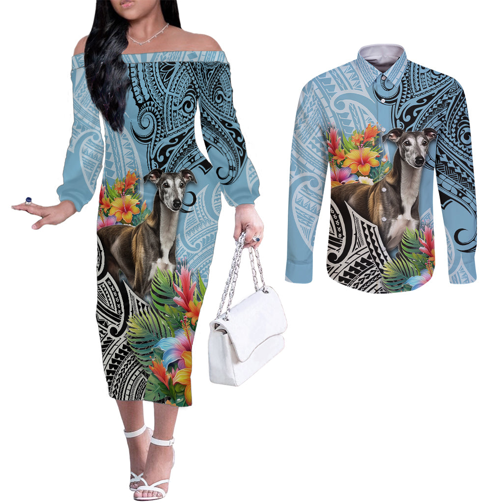 Polynesian Greyhound Couples Matching Off The Shoulder Long Sleeve Dress and Long Sleeve Button Shirts Polynesian Pattern And Greyhound TS04 Cyan - Polynesian Pride
