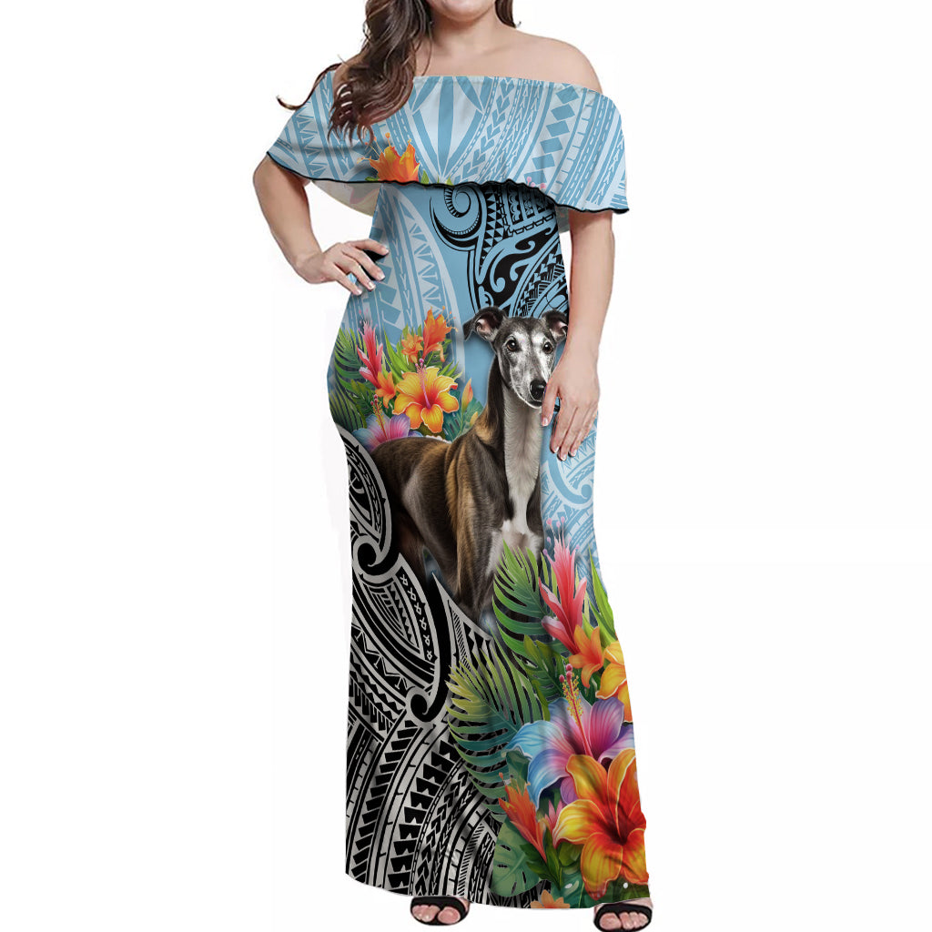Polynesian Greyhound Off Shoulder Maxi Dress Polynesian Pattern And Greyhound TS04 Women Cyan - Polynesian Pride