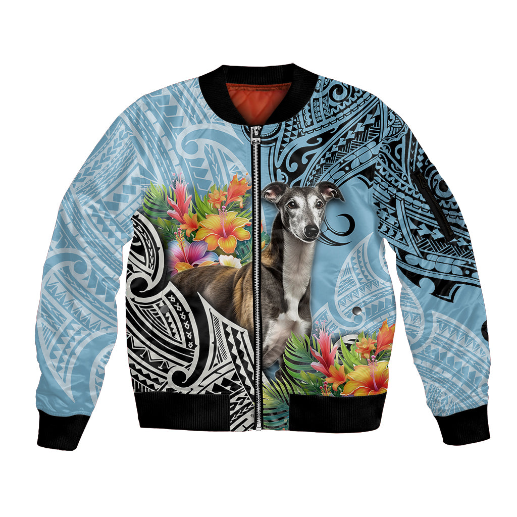 Polynesian Greyhound Sleeve Zip Bomber Jacket Polynesian Pattern And Greyhound TS04 Unisex Cyan - Polynesian Pride