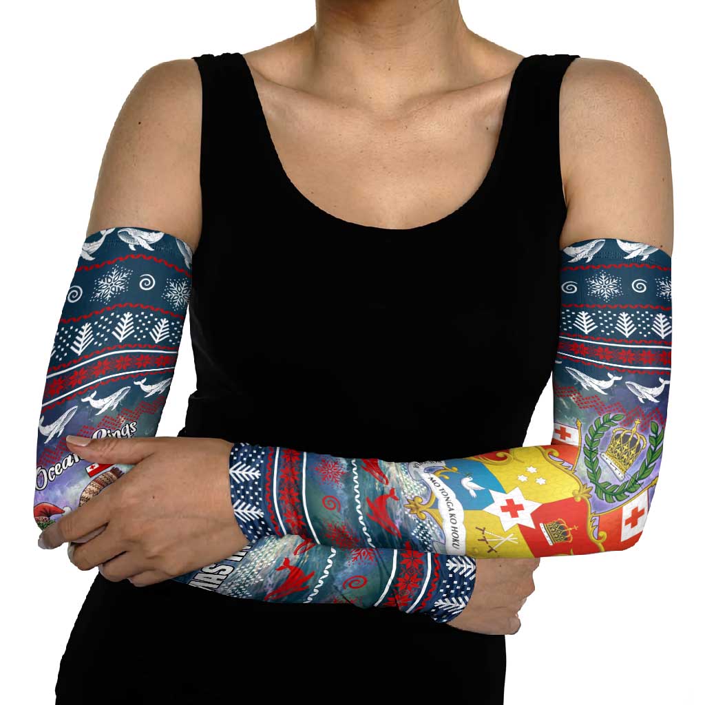 Tonga Christmas Arm Sleeves with Singing Whale Ocean Scene National Coat of Arms - Polynesian Pride