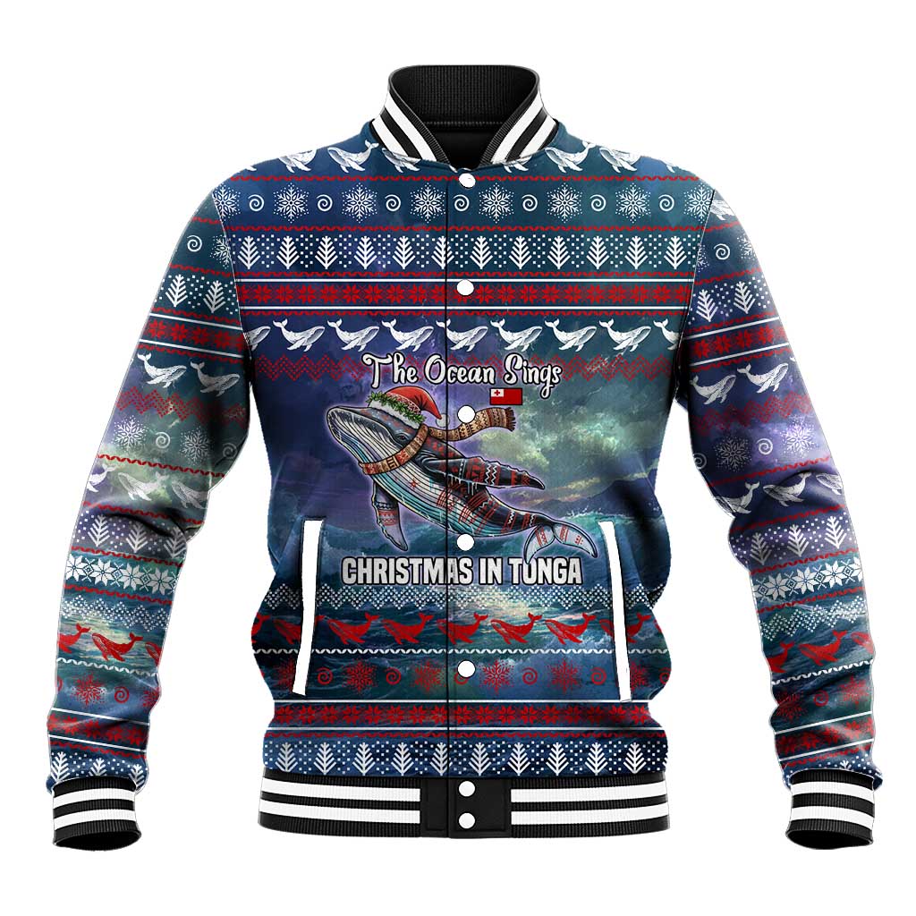 Tonga Christmas Baseball Jacket with Singing Whale Ocean Scene National Coat of Arms - Polynesian Pride