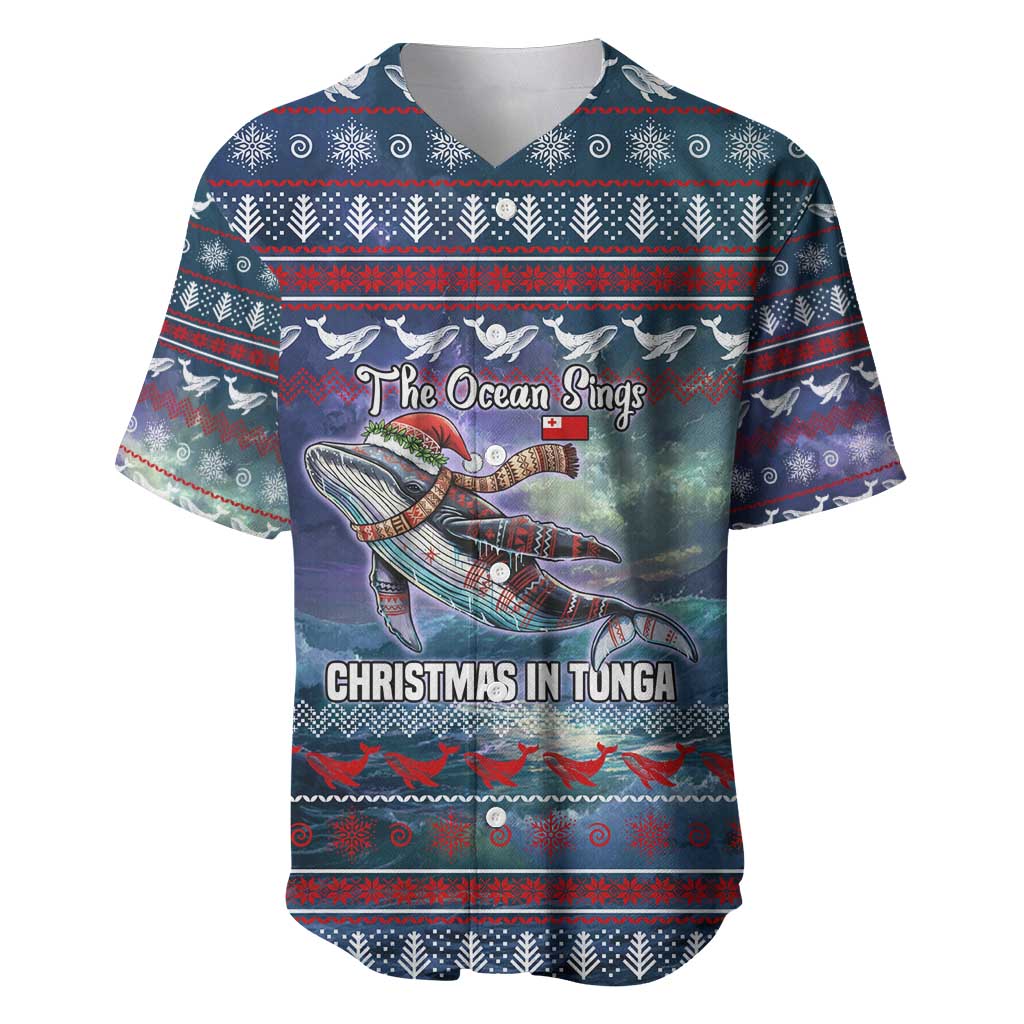 Tonga Christmas Baseball Jersey with Singing Whale Ocean Scene National Coat of Arms - Polynesian Pride