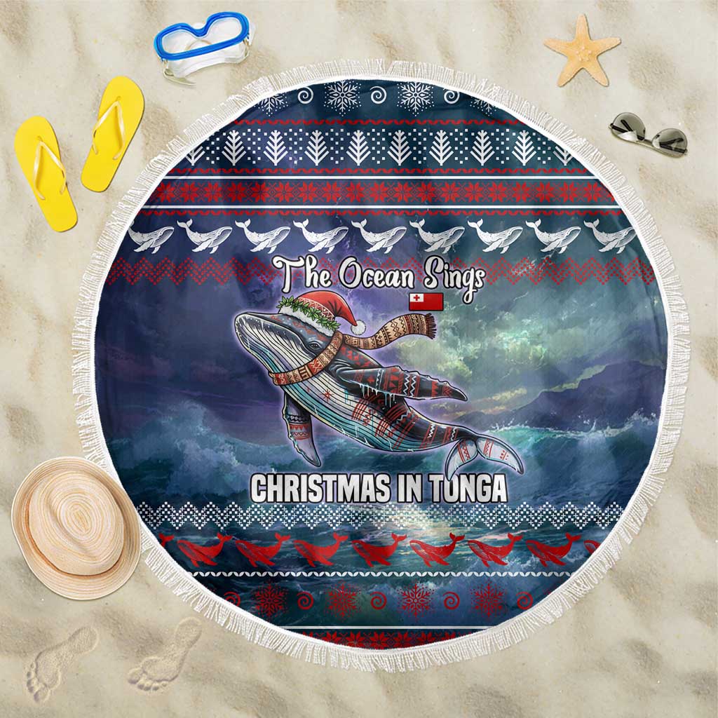 Tonga Christmas Beach Blanket with Singing Whale Ocean Scene National Coat of Arms - Polynesian Pride