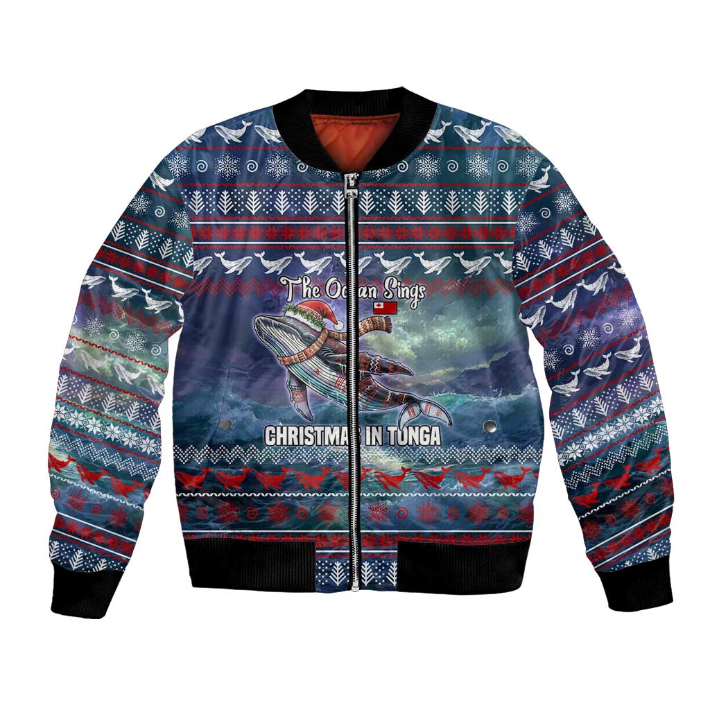 Tonga Christmas Bomber Jacket with Singing Whale Ocean Scene National Coat of Arms - Polynesian Pride