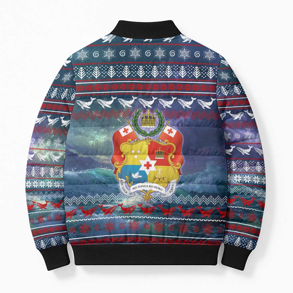 Tonga Christmas Bomber Puffer Jacket with Singing Whale Ocean Scene National Coat of Arms - Polynesian Pride