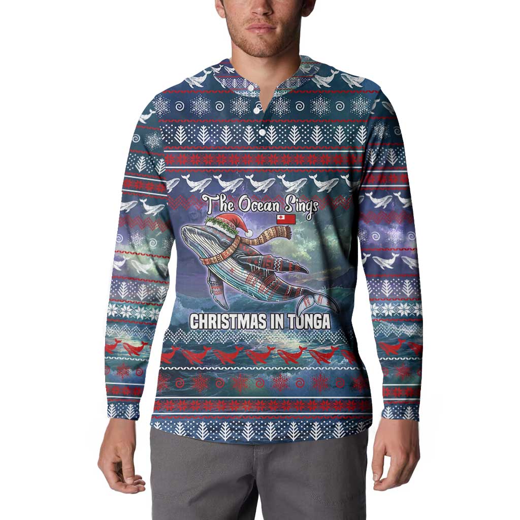 Tonga Christmas Button Sweatshirt with Singing Whale Ocean Scene National Coat of Arms - Polynesian Pride