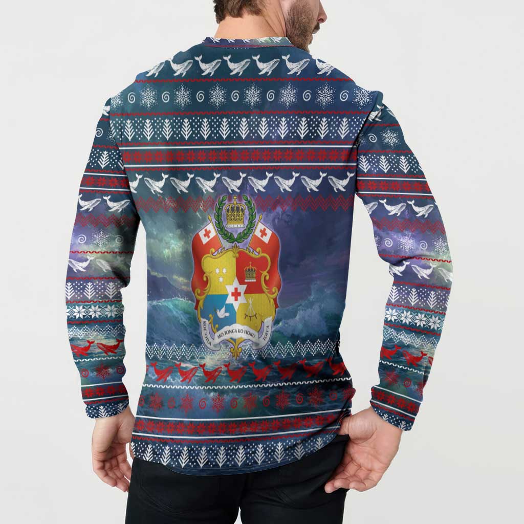 Tonga Christmas Button Sweatshirt with Singing Whale Ocean Scene National Coat of Arms - Polynesian Pride